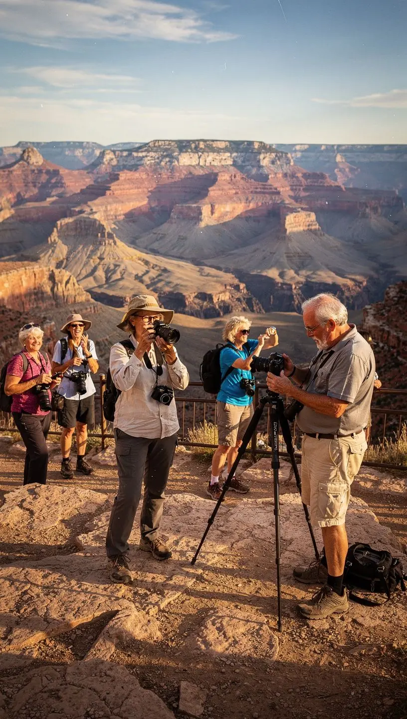 Группа друзей-пенсионеров на пикнике в живописном месте с удобными местами для отдыха.