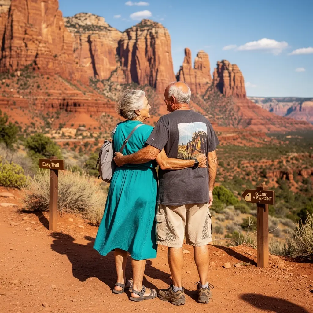 Группа пожилых людей на экскурсии с дружелюбным гидом в историческом городе.