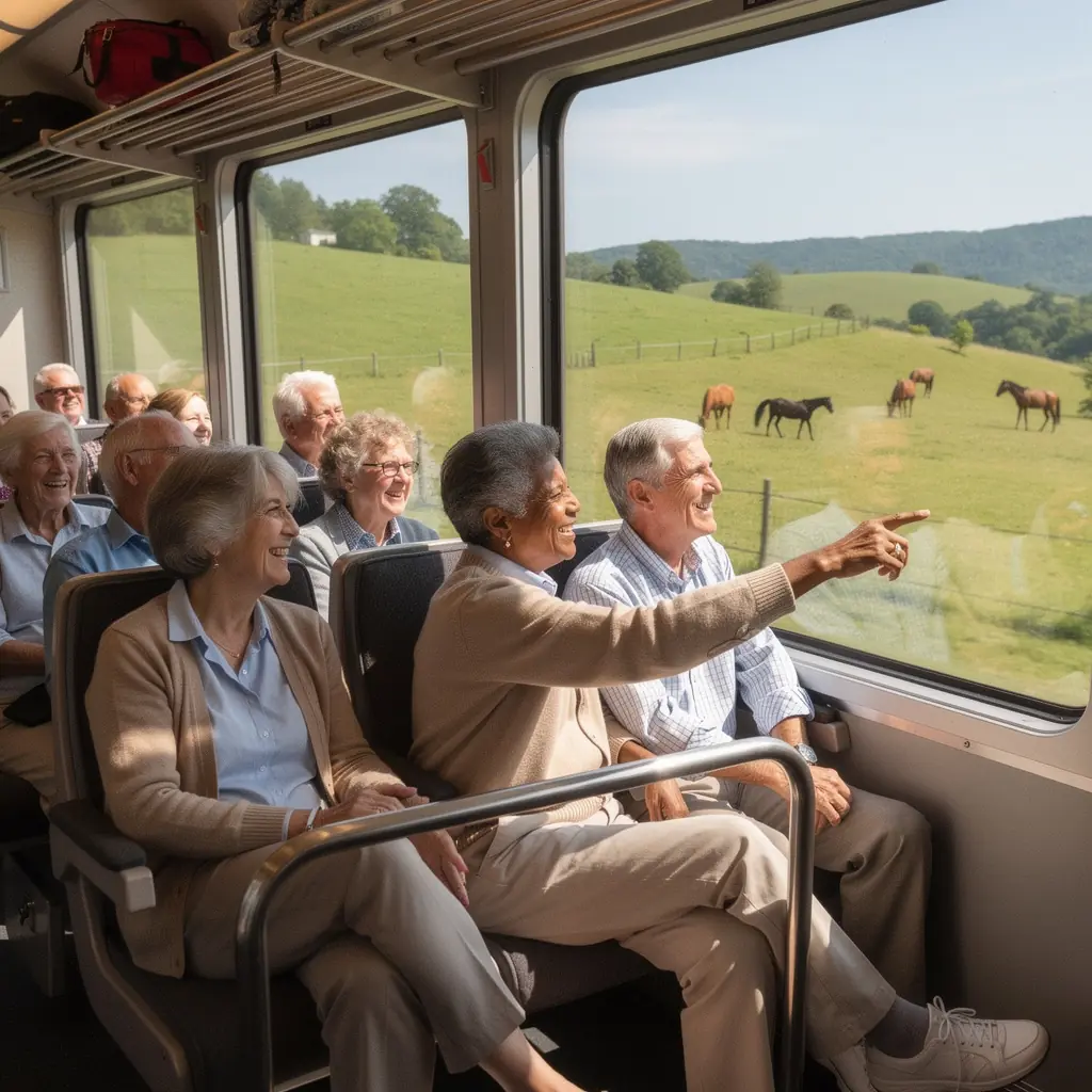 Комфортабельный автобус везет туристов по живописному маршруту.